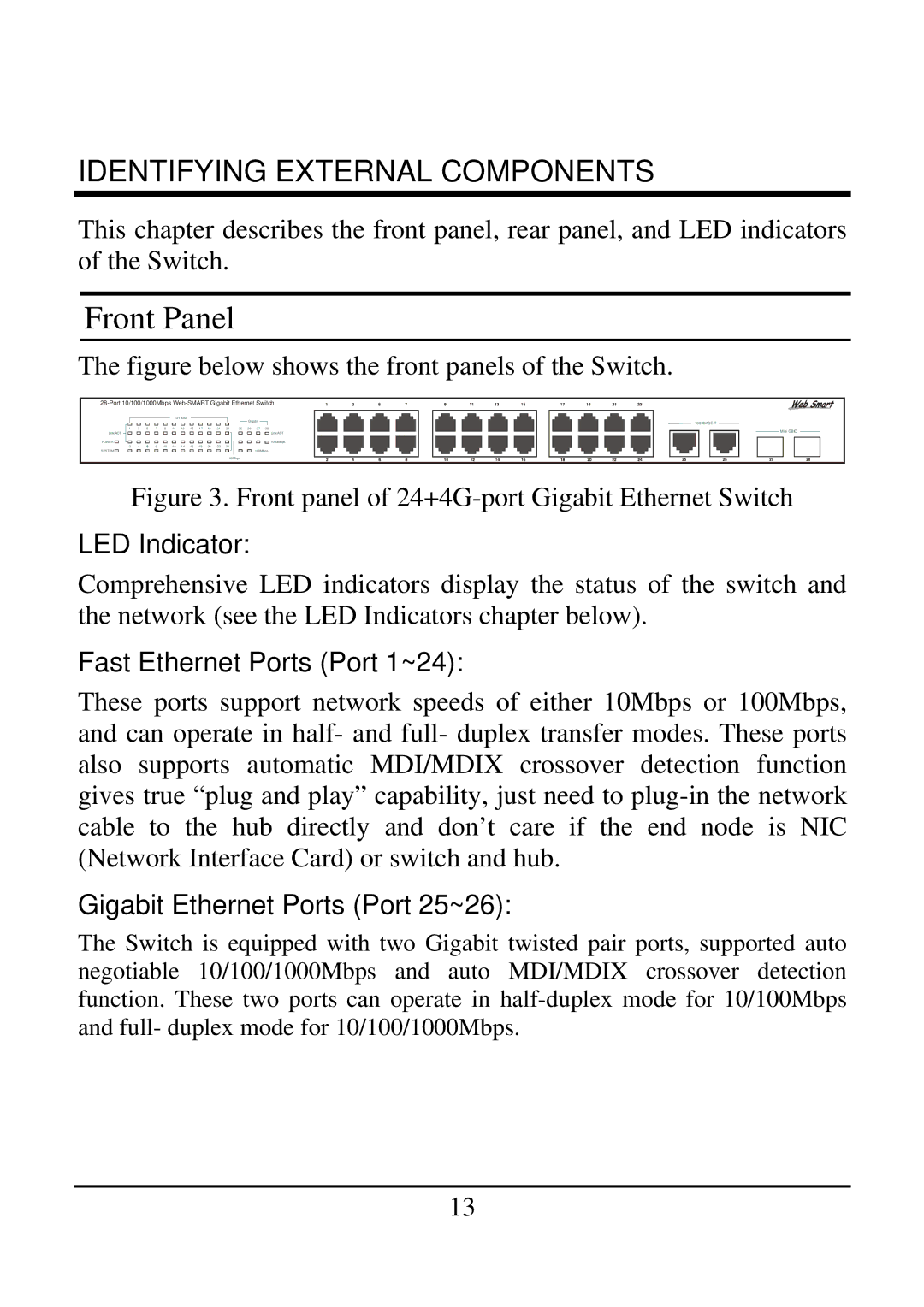 TRENDnet 21000BASE-T manual Front Panel, LED Indicator, Fast Ethernet Ports Port 1~24, Gigabit Ethernet Ports Port 25~26 