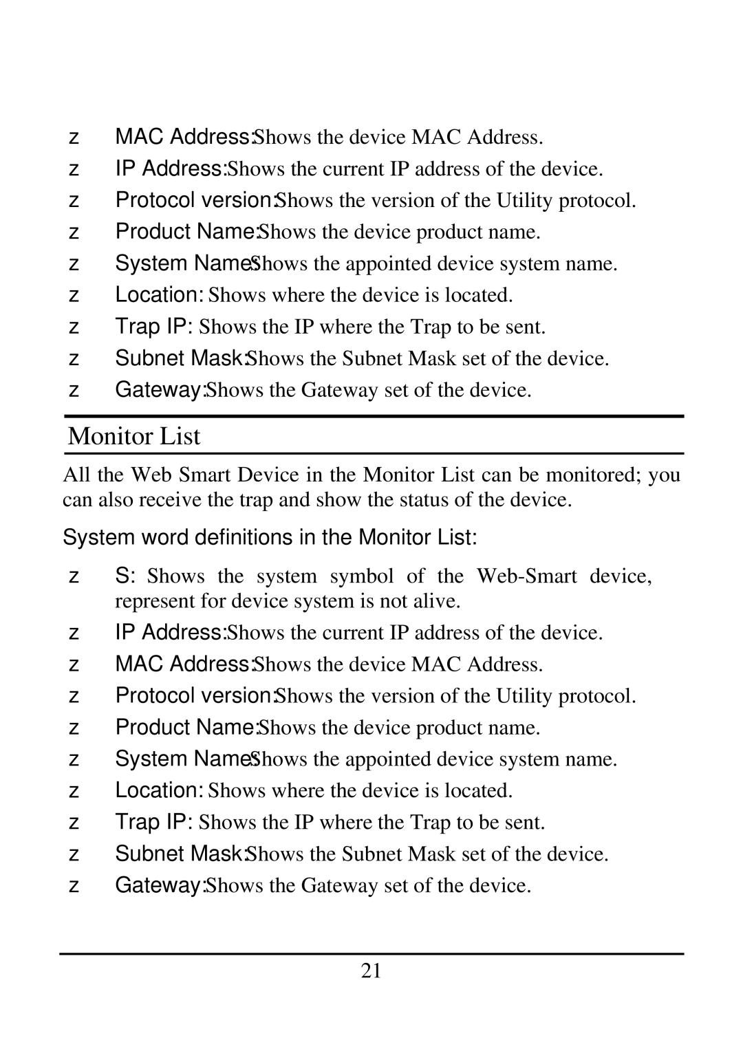 TRENDnet 21000BASE-T, 2410/100BASE-TX manual System word definitions in the Monitor List 