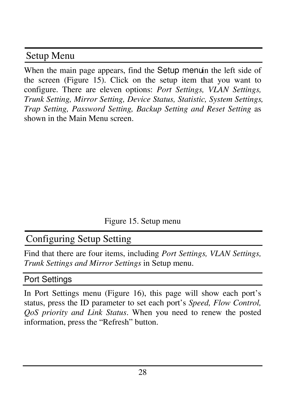 TRENDnet 2410/100BASE-TX, 21000BASE-T manual Setup Menu, Configuring Setup Setting, Port Settings 