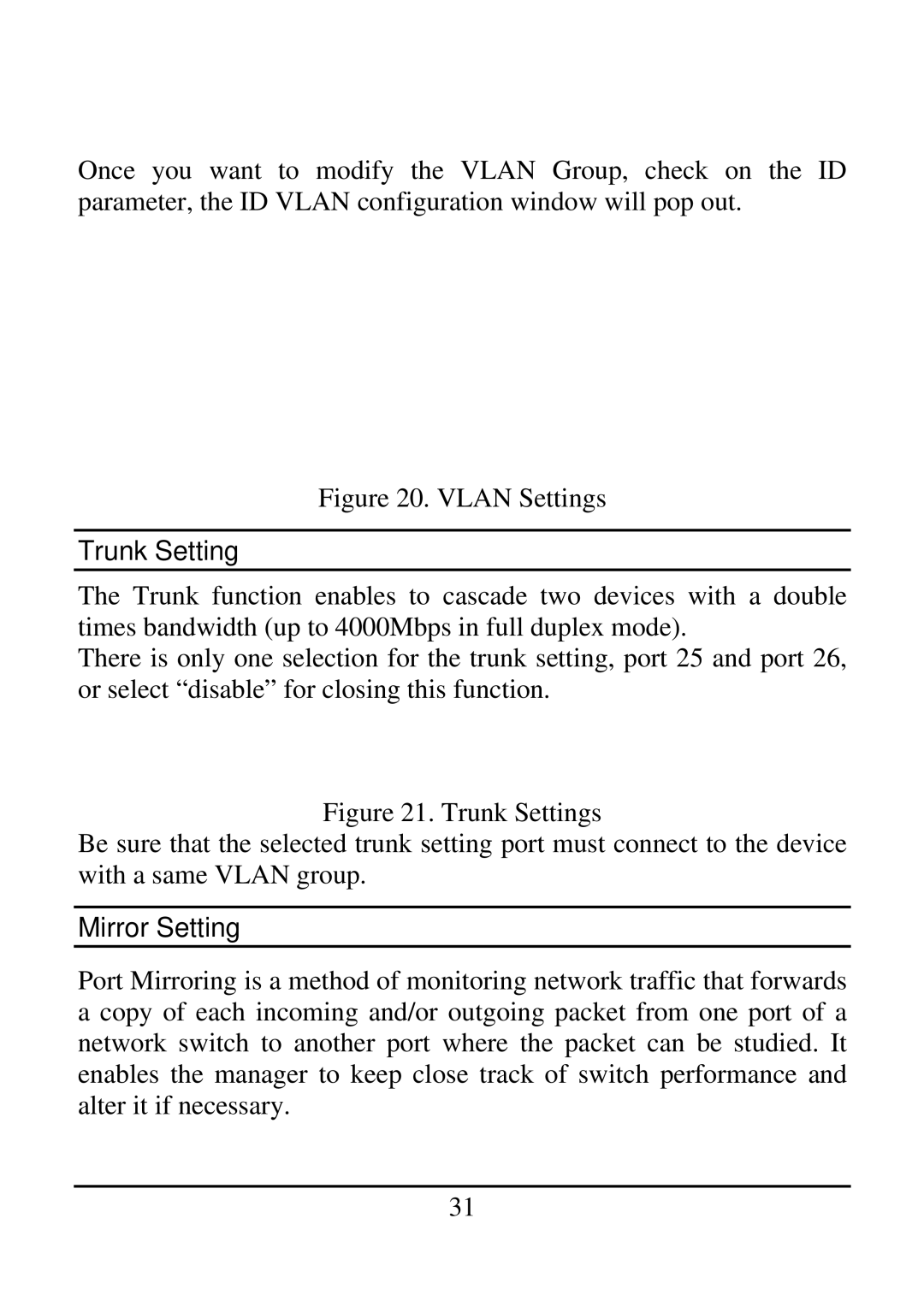 TRENDnet 21000BASE-T, 2410/100BASE-TX manual Trunk Setting, Mirror Setting 