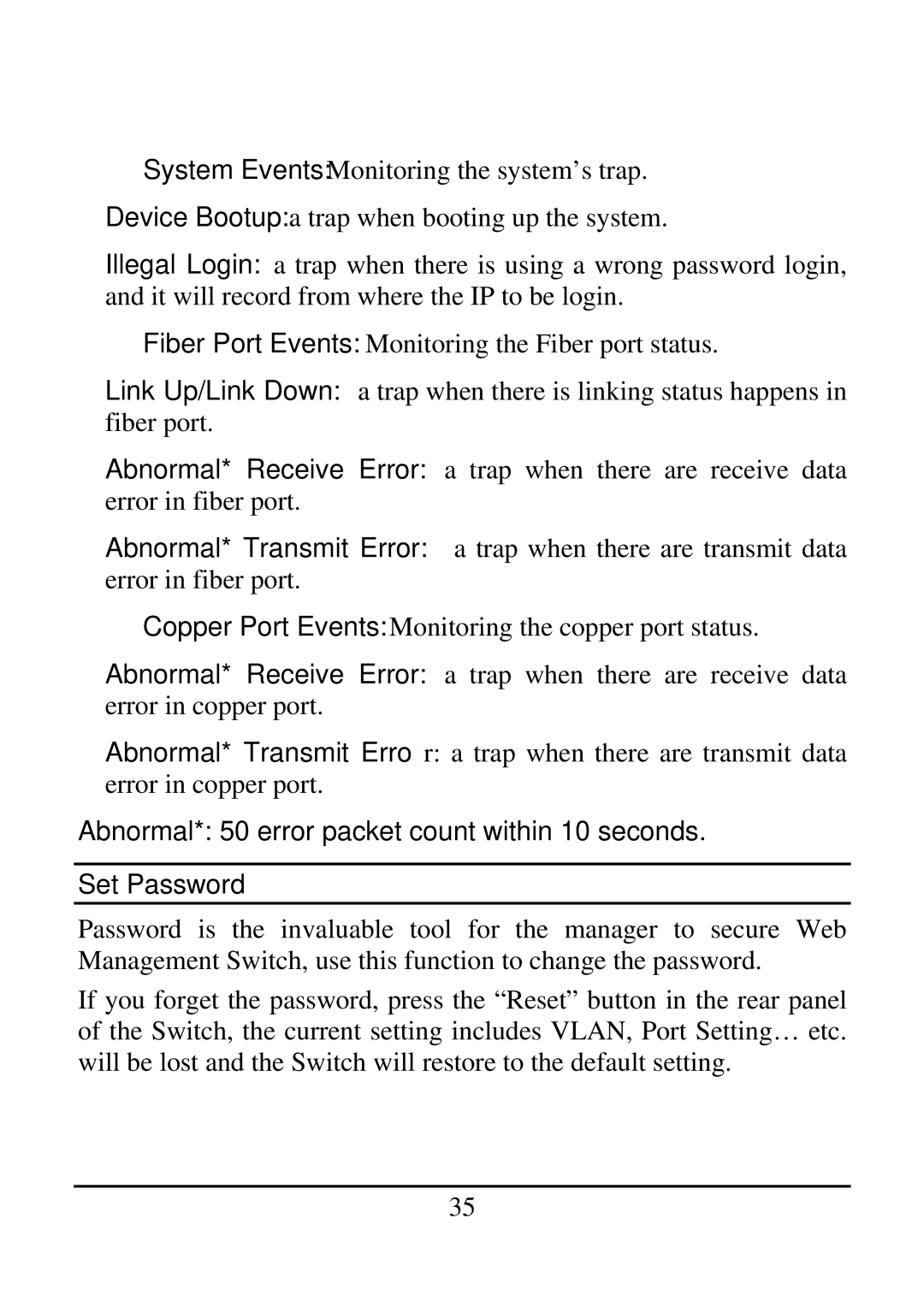 TRENDnet 21000BASE-T, 2410/100BASE-TX manual Abnormal* 50 error packet count within 10 seconds, Set Password 