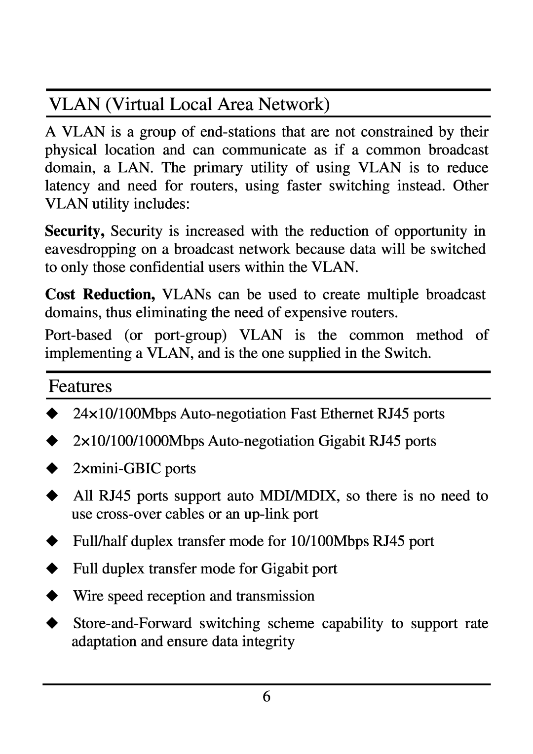 TRENDnet 2410/100BASE-TX, 21000BASE-T manual VLAN Virtual Local Area Network, Features 
