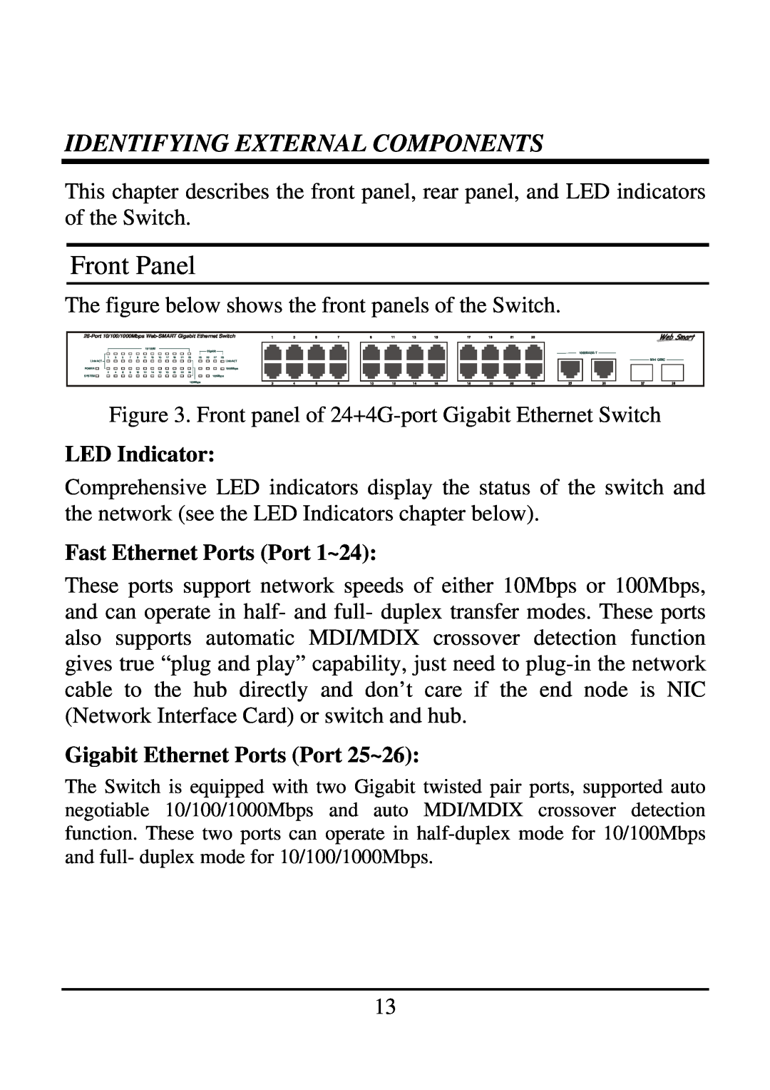 TRENDnet 21000BASE-T manual Front Panel, Identifying External Components, LED Indicator, Fast Ethernet Ports Port 1~24 