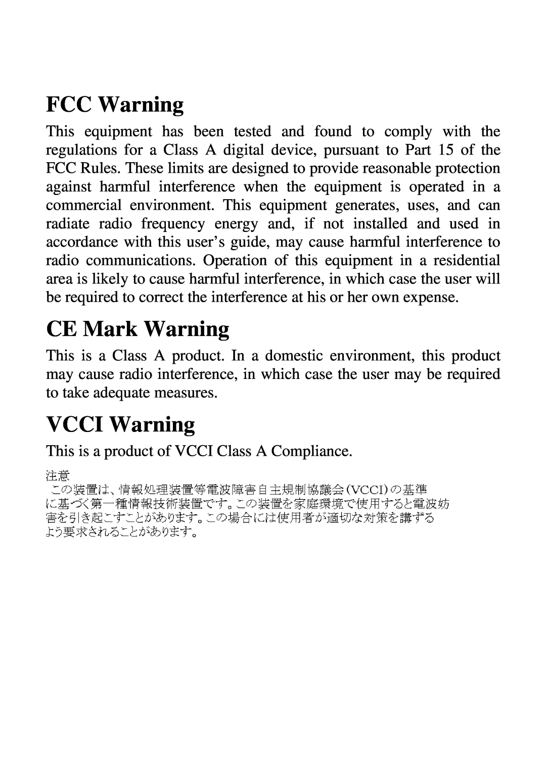TRENDnet 21000BASE-T, 2410/100BASE-TX manual FCC Warning, CE Mark Warning, VCCI Warning 