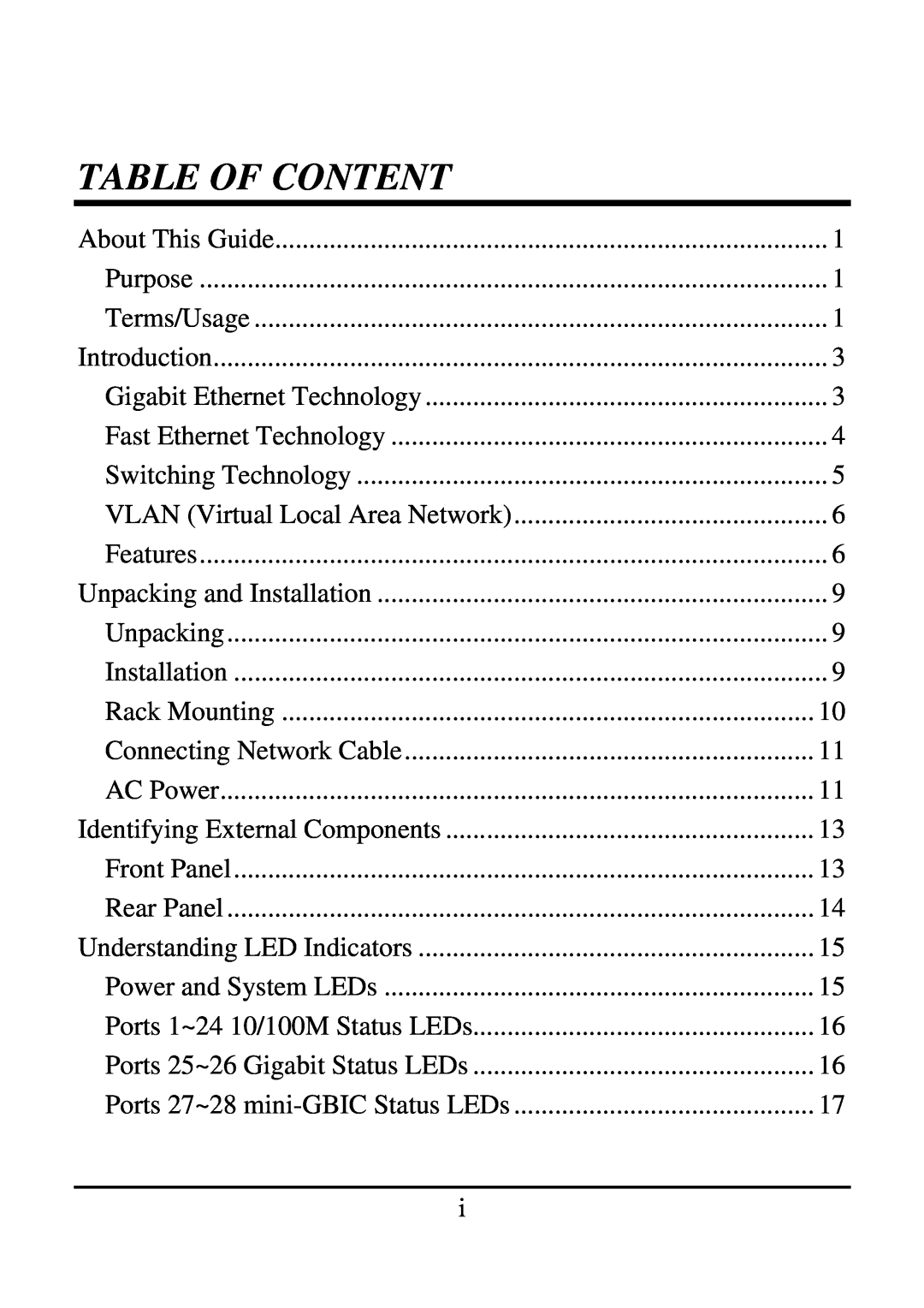 TRENDnet 21000BASE-T manual Table Of Content, Gigabit Ethernet Technology, VLAN Virtual Local Area Network, Rack Mounting 