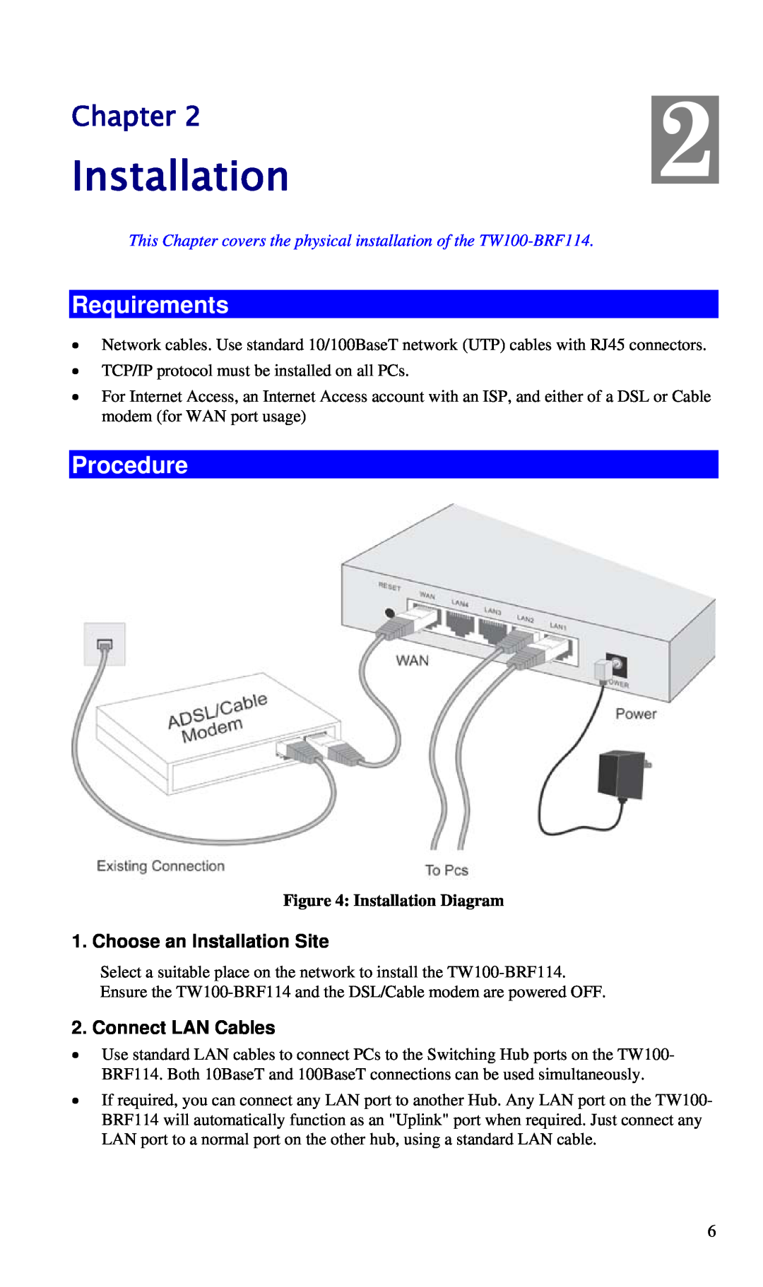 TRENDnet BRF114 manual Requirements, Procedure, Chapter, Installation Diagram 