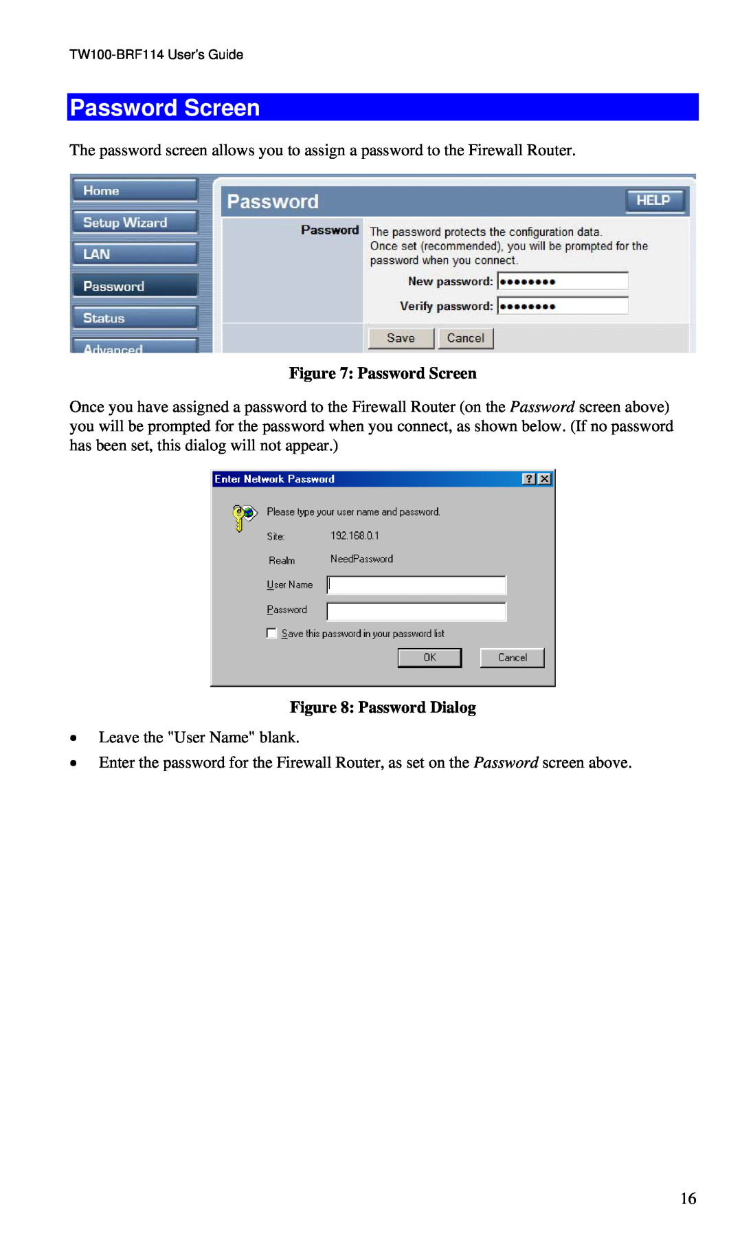 TRENDnet BRF114 manual Password Screen, Password Dialog 