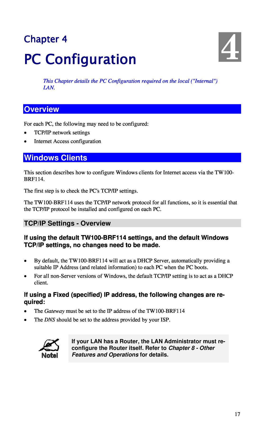 TRENDnet BRF114 manual PC Configuration, Windows Clients, TCP/IP Settings - Overview, Chapter 