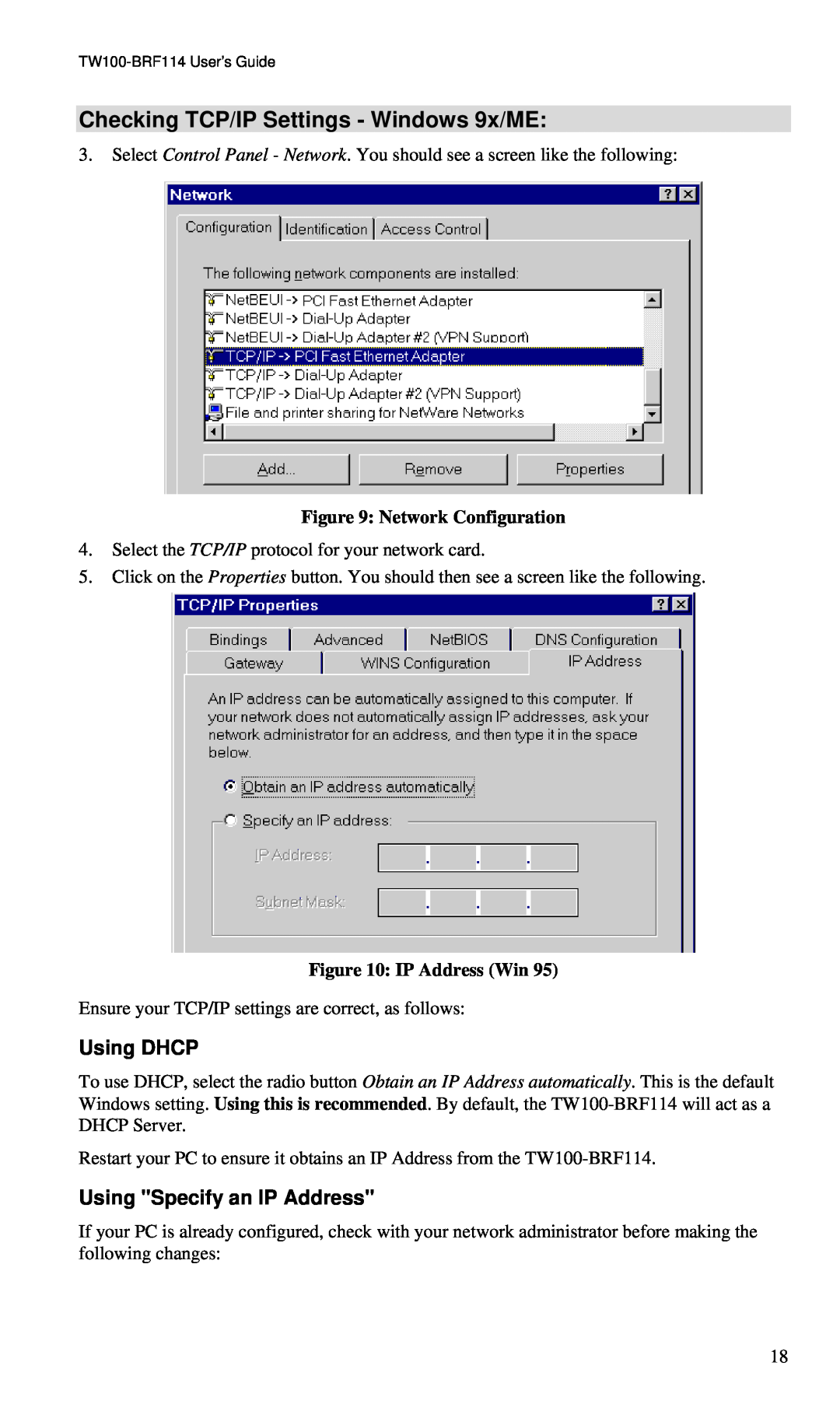TRENDnet BRF114 Checking TCP/IP Settings - Windows 9x/ME, Using DHCP, Using Specify an IP Address, Network Configuration 