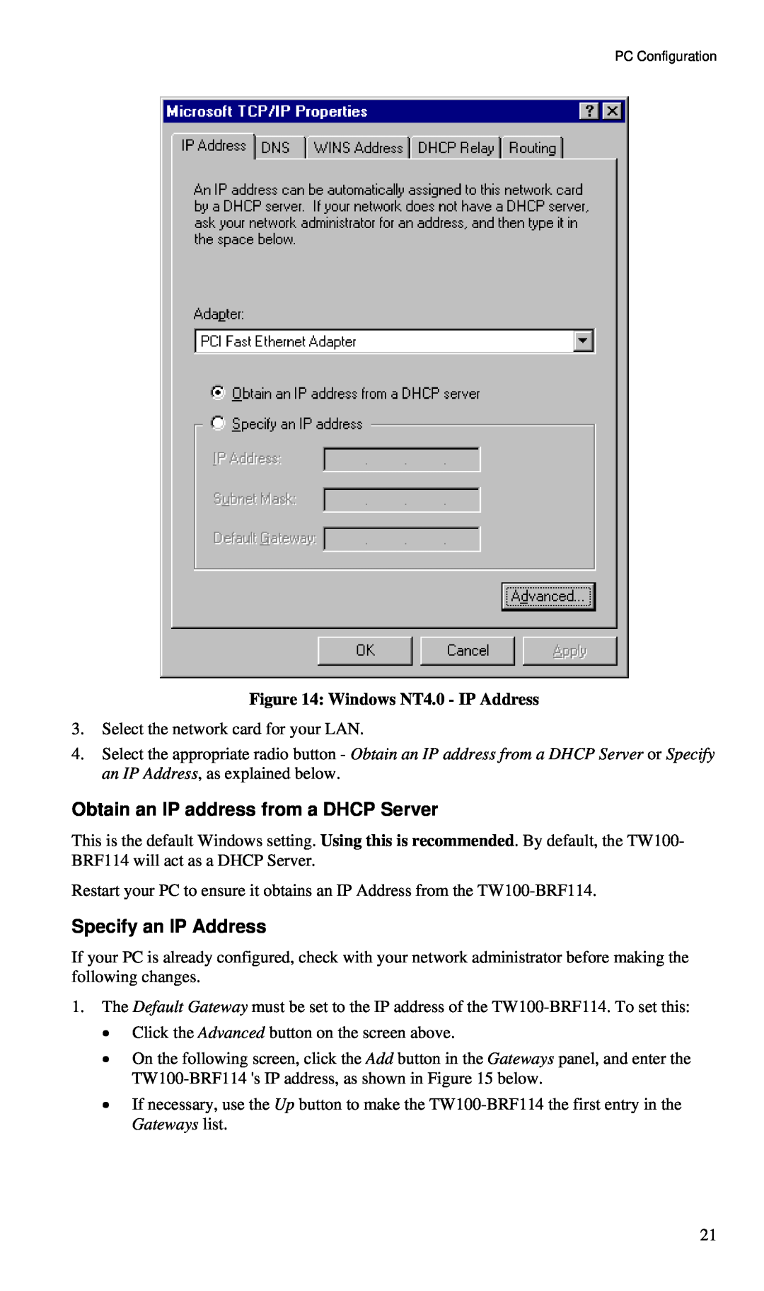 TRENDnet BRF114 manual Obtain an IP address from a DHCP Server, Specify an IP Address, Windows NT4.0 - IP Address 