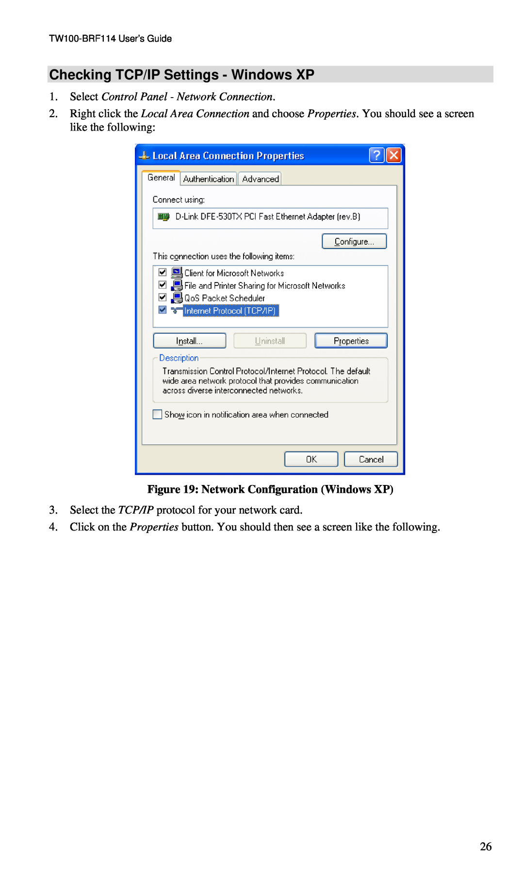 TRENDnet BRF114 manual Checking TCP/IP Settings - Windows XP, Select Control Panel - Network Connection 