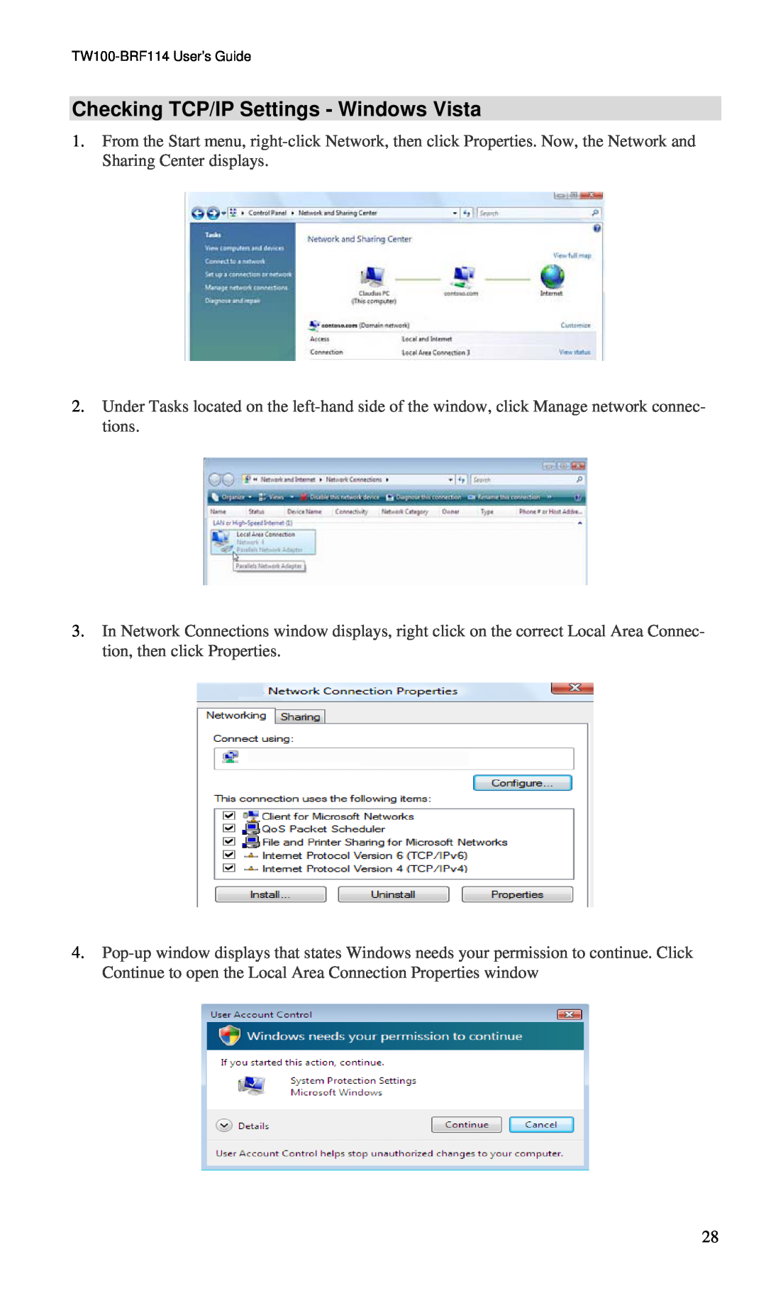 TRENDnet BRF114 manual Checking TCP/IP Settings - Windows Vista 