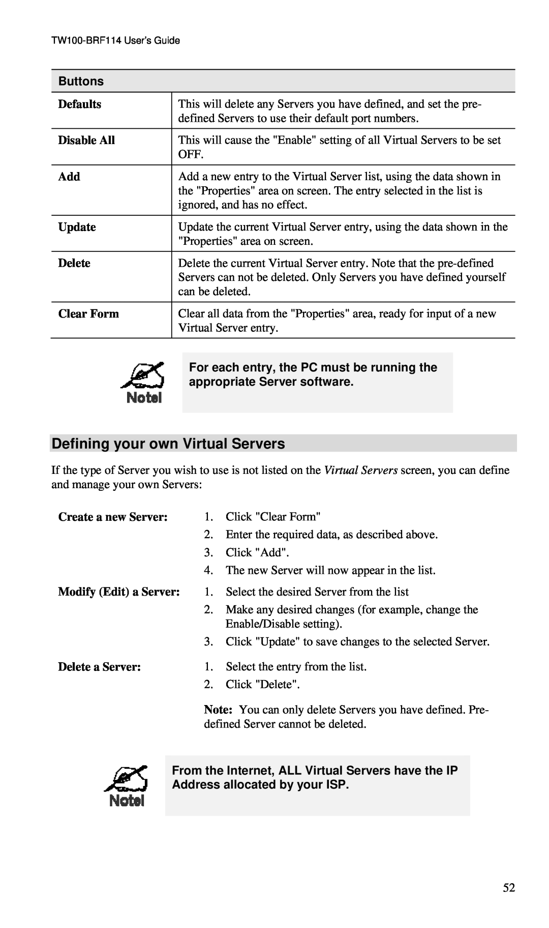 TRENDnet BRF114 manual Defining your own Virtual Servers, Buttons, Defaults, Disable All, Update, Delete, Clear Form 