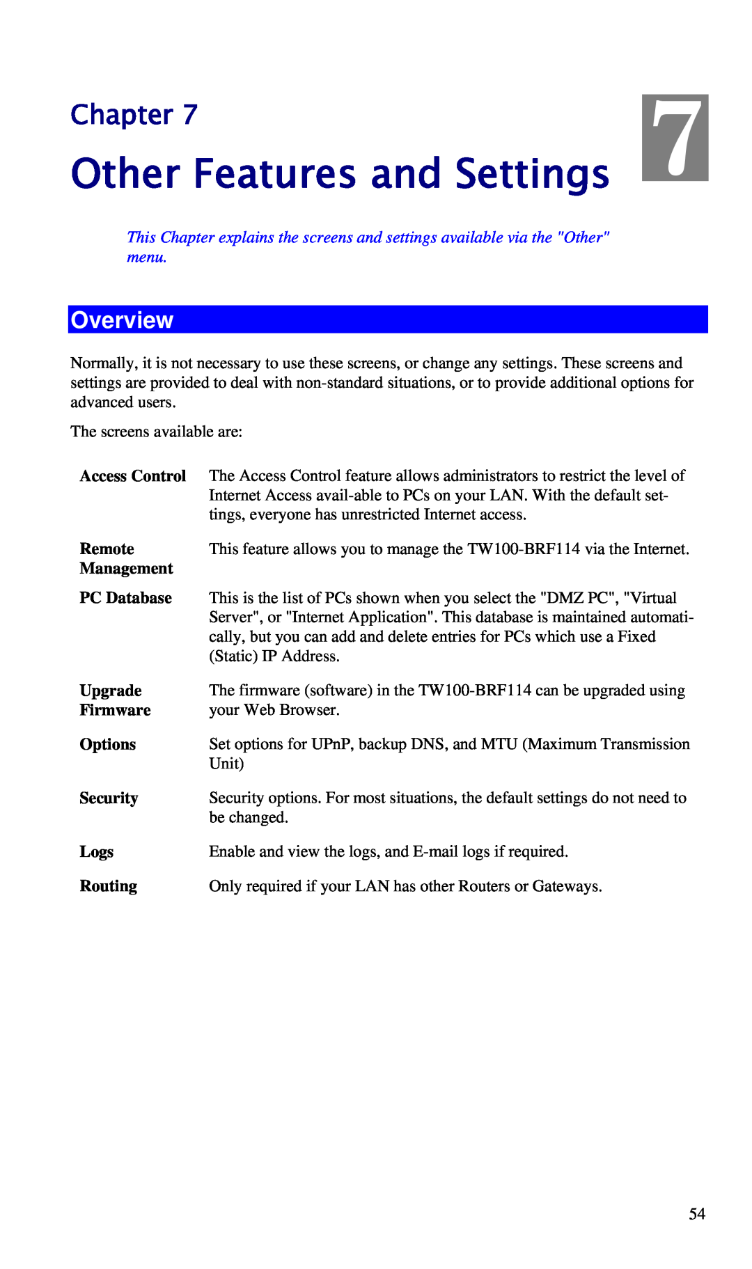 TRENDnet BRF114 Other Features and Settings, Chapter, Overview, Access Control, Remote, Management, PC Database, Upgrade 