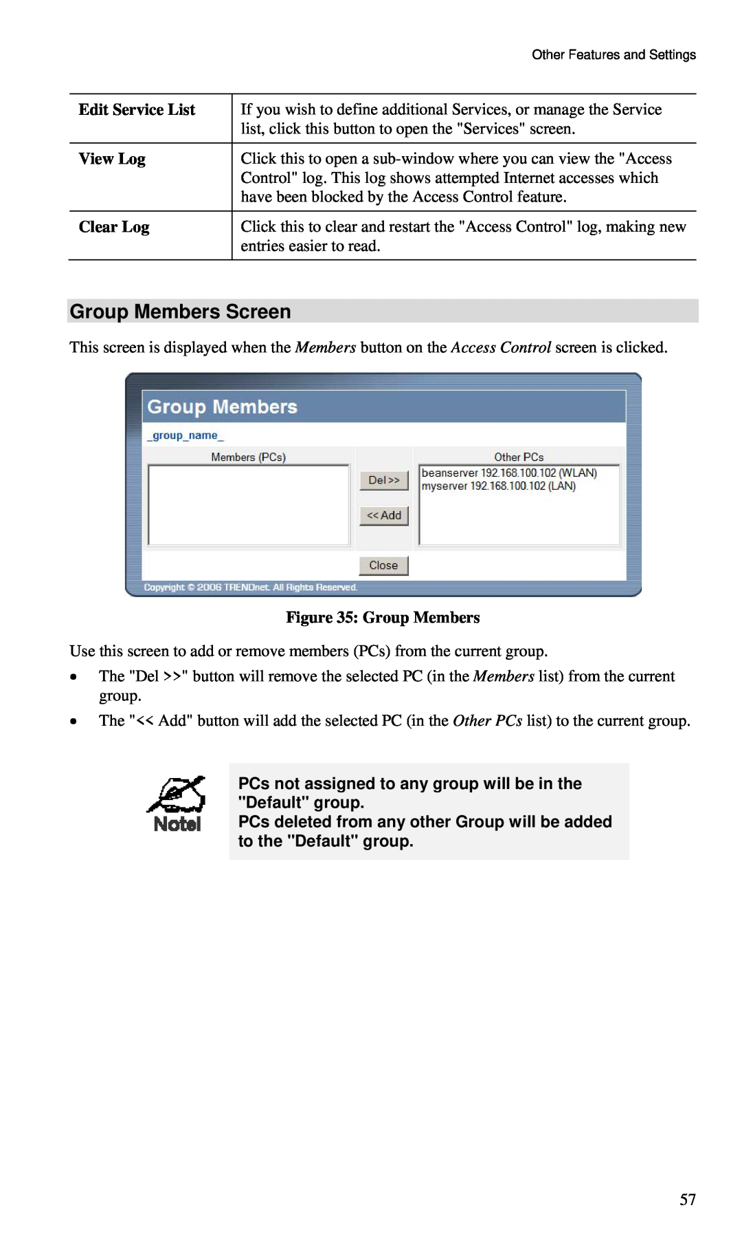 TRENDnet BRF114 manual Group Members Screen, Edit Service List, View Log, Clear Log 