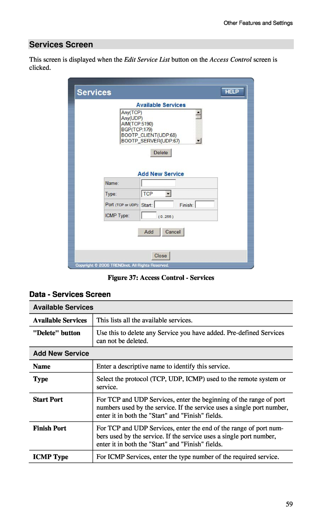TRENDnet BRF114 Services Screen, Access Control - Services, Available Services, Delete button, Add New Service, Name, Type 