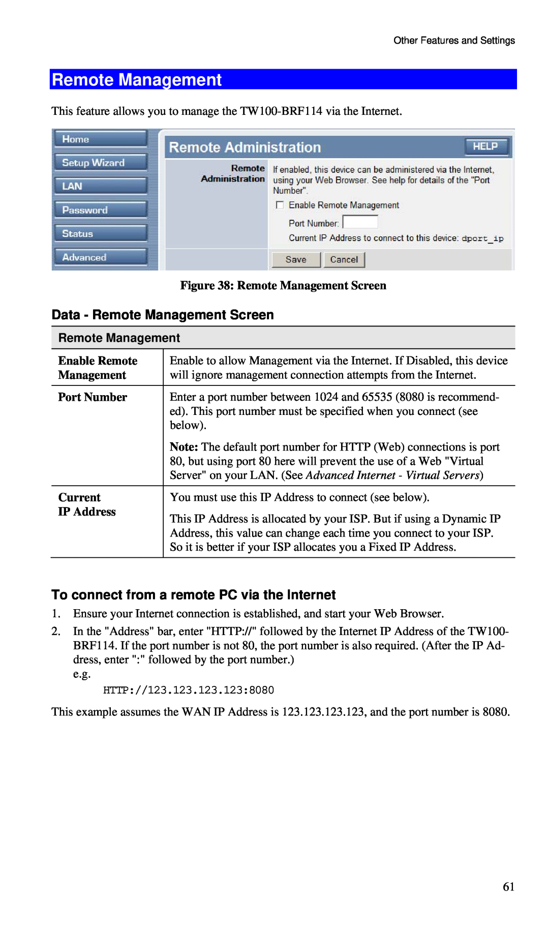 TRENDnet BRF114 manual Remote Management Screen, Enable Remote, Port Number, Current, IP Address 