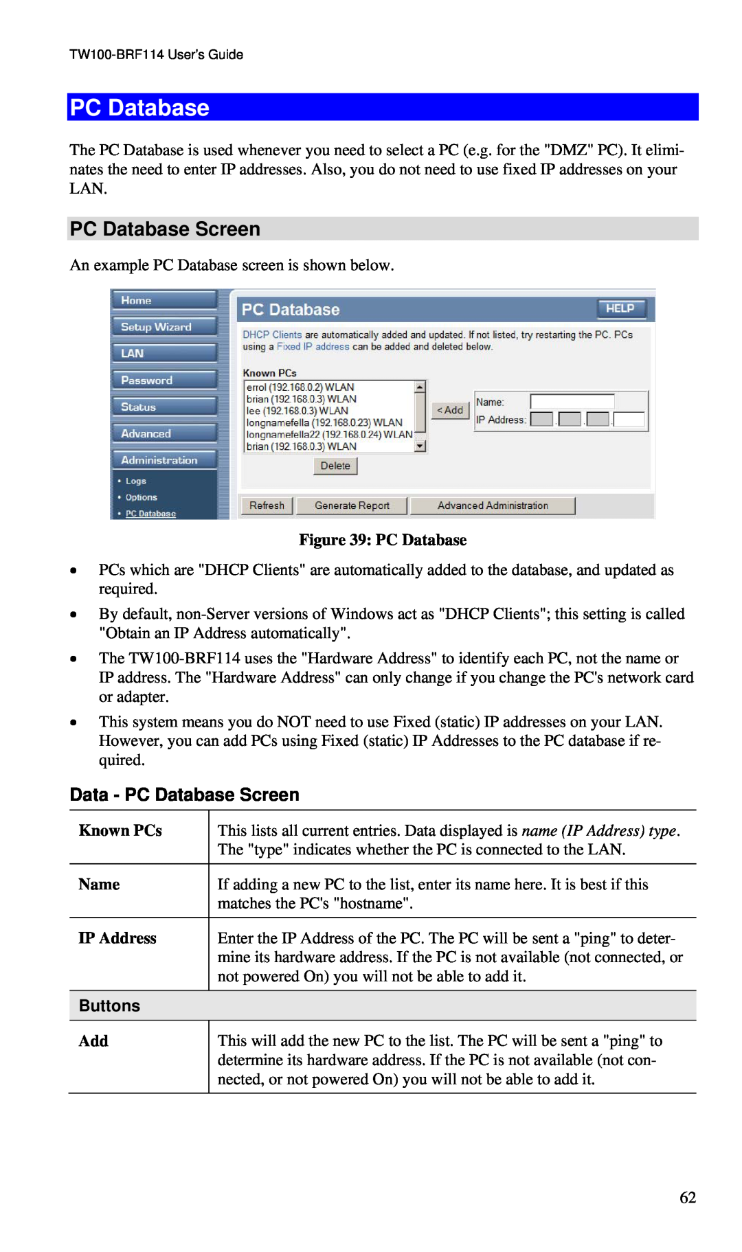 TRENDnet BRF114 manual PC Database Screen, Known PCs, Name, IP Address, Buttons 