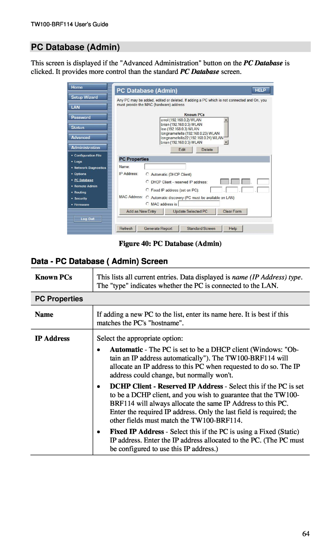 TRENDnet BRF114 manual PC Database Admin, Known PCs, PC Properties, Name, IP Address 
