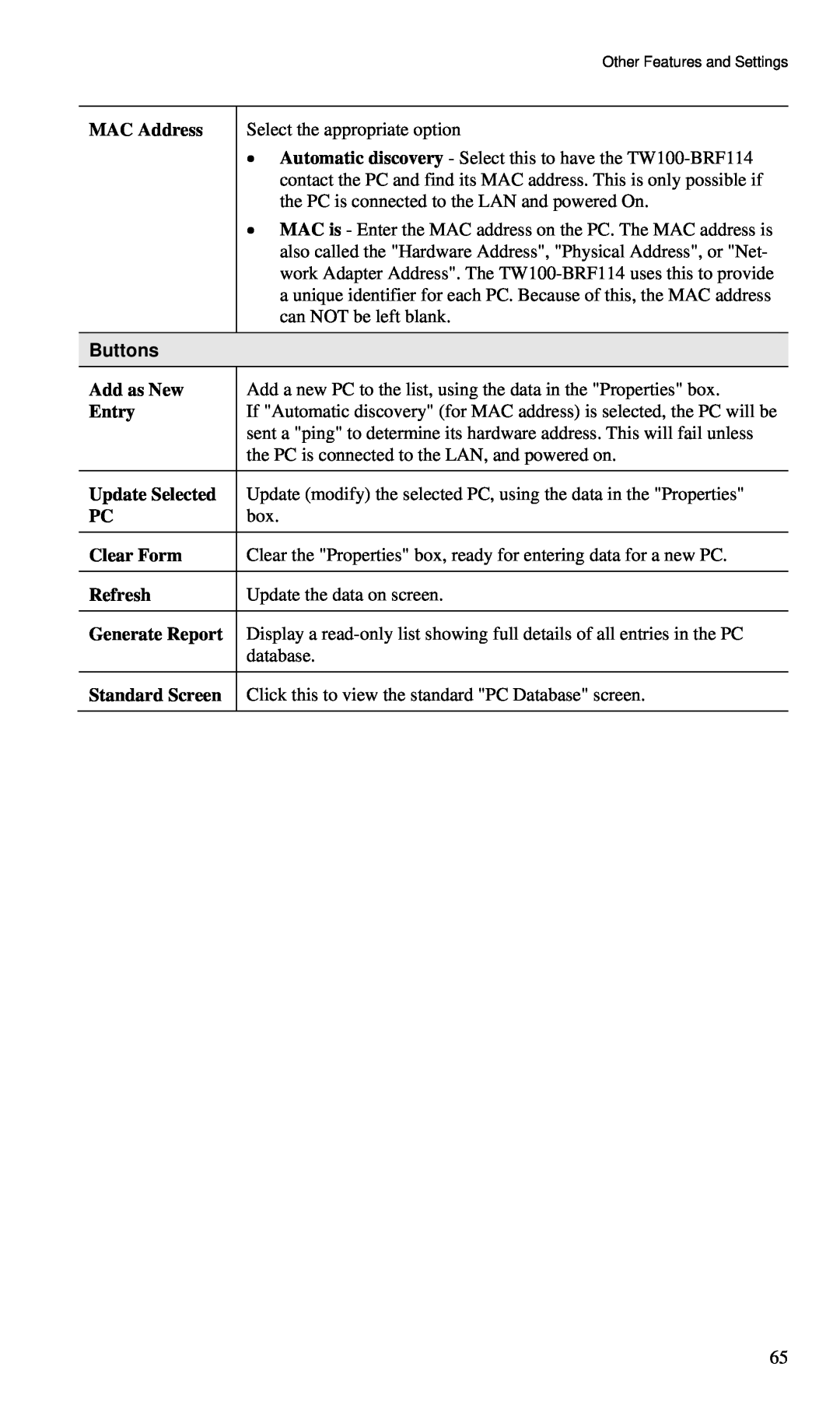 TRENDnet BRF114 manual MAC Address, Buttons, Add as New, Entry, Update Selected, Clear Form, Refresh, Generate Report 