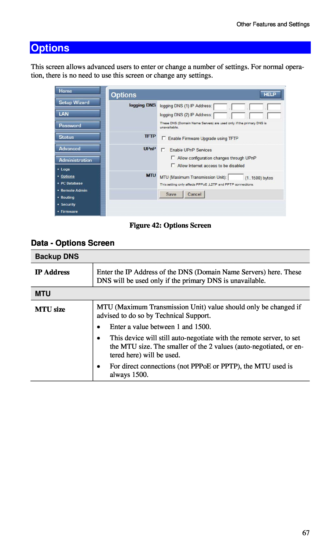 TRENDnet BRF114 manual Options Screen, Backup DNS, IP Address, MTU size 