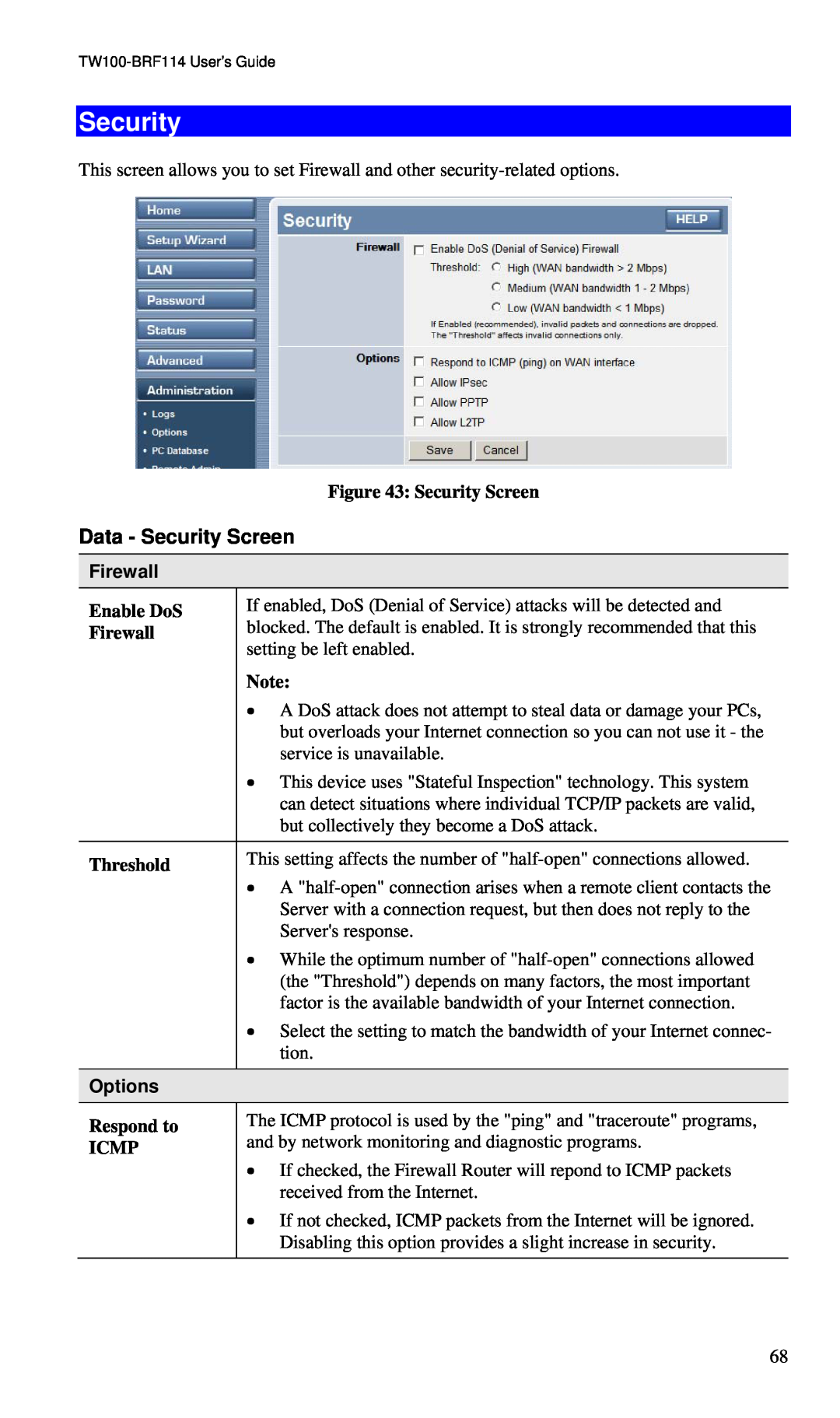 TRENDnet BRF114 manual Security Screen, Firewall, Enable DoS, Threshold, Options, Respond to, Icmp 