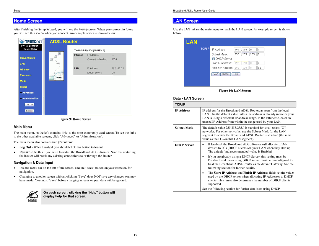 TRENDnet BRM504 manual Home Screen, Main Menu, Navigation & Data Input, Data LAN Screen 