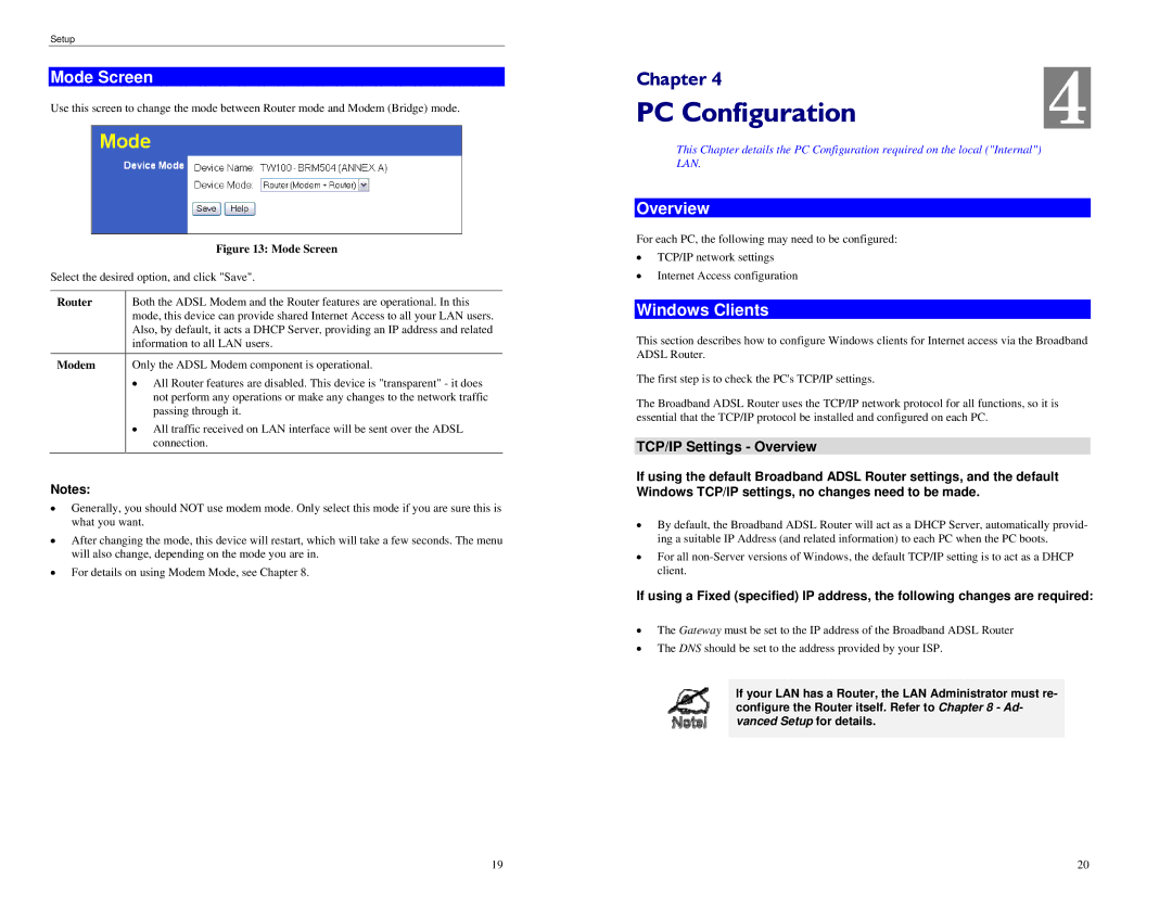 TRENDnet BRM504 manual PC Configuration, Mode Screen, Windows Clients, TCP/IP Settings Overview 