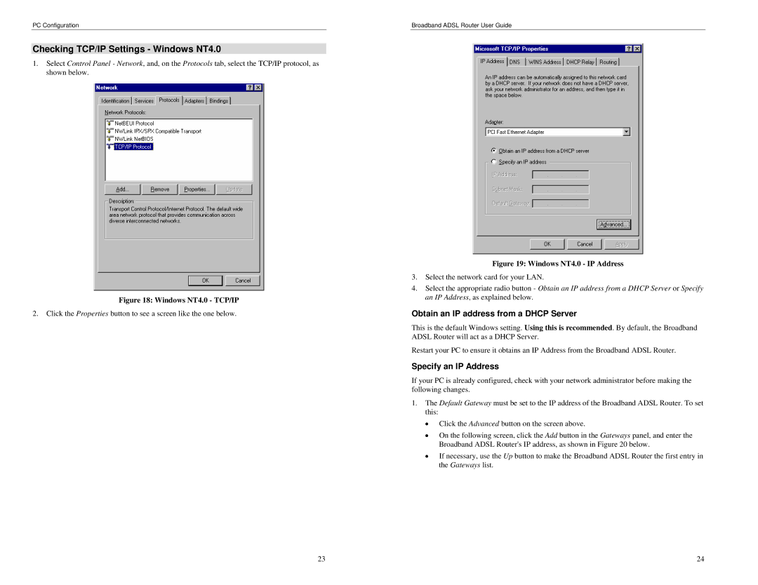 TRENDnet BRM504 Checking TCP/IP Settings Windows NT4.0, Obtain an IP address from a Dhcp Server, Specify an IP Address 