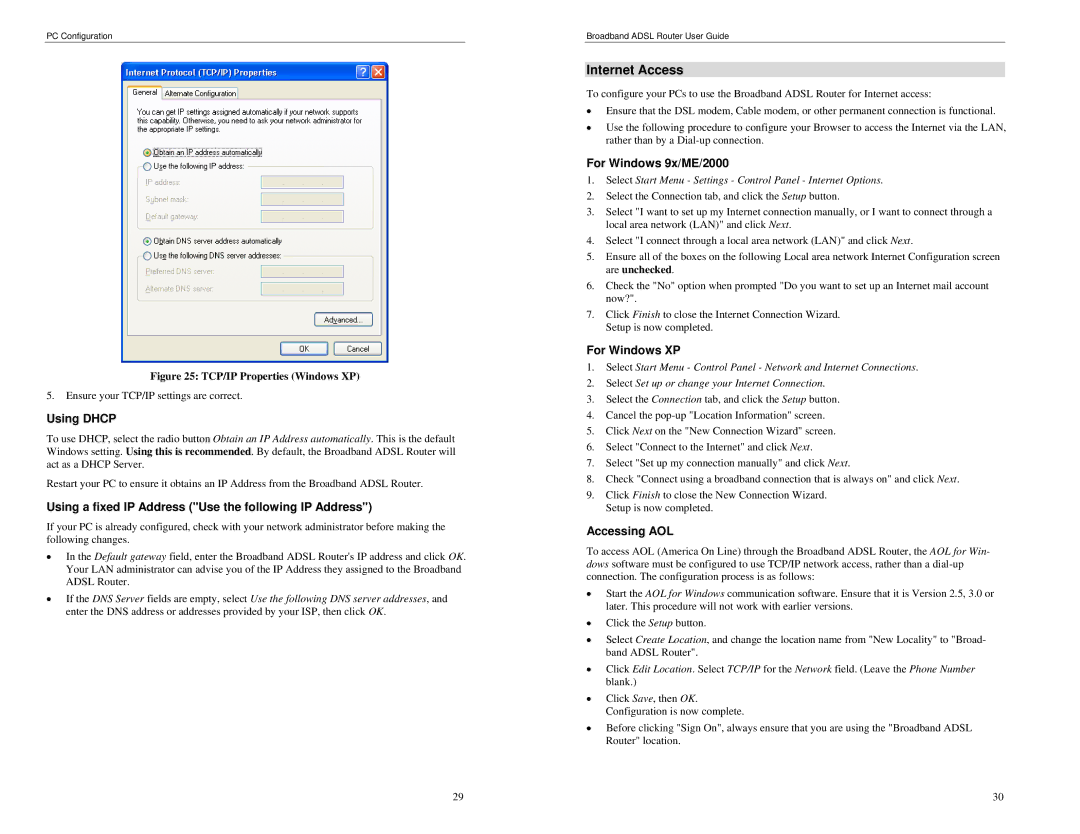 TRENDnet BRM504 manual Internet Access, For Windows 9x/ME/2000, For Windows XP, Accessing AOL 