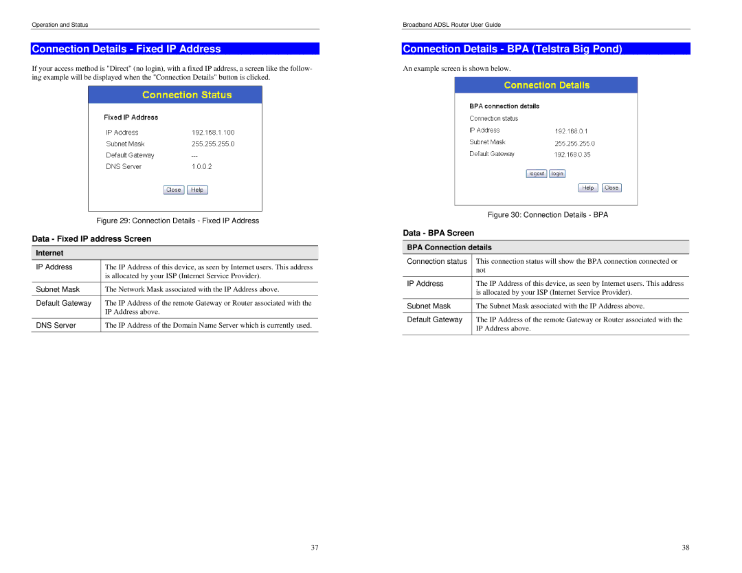 TRENDnet BRM504 Connection Details Fixed IP Address, Connection Details BPA Telstra Big Pond, Data Fixed IP address Screen 