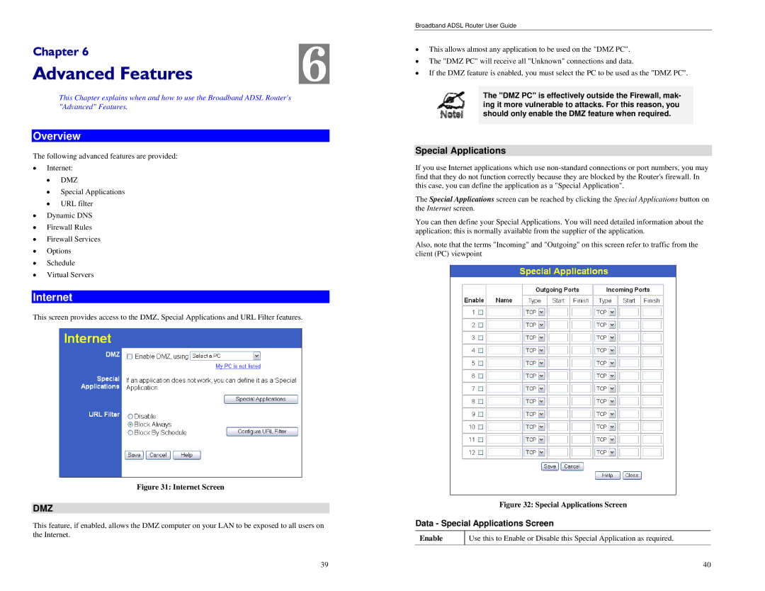 TRENDnet BRM504 manual Advanced Features, Internet, Data Special Applications Screen 