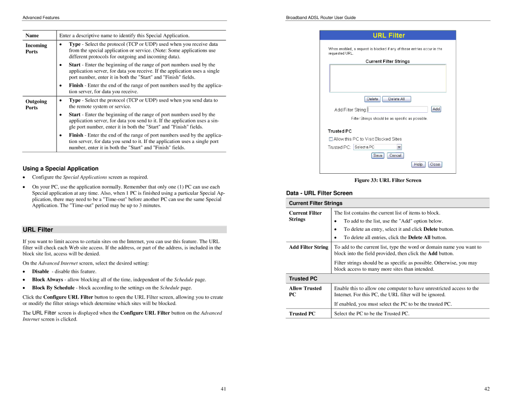 TRENDnet BRM504 manual Using a Special Application, Data URL Filter Screen, Current Filter Strings, Trusted PC 