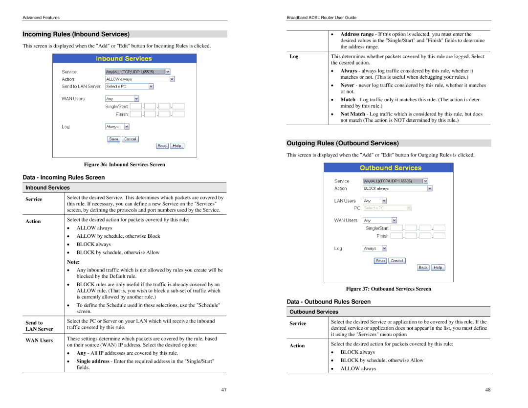 TRENDnet BRM504 manual Incoming Rules Inbound Services, Outgoing Rules Outbound Services, Data Incoming Rules Screen 