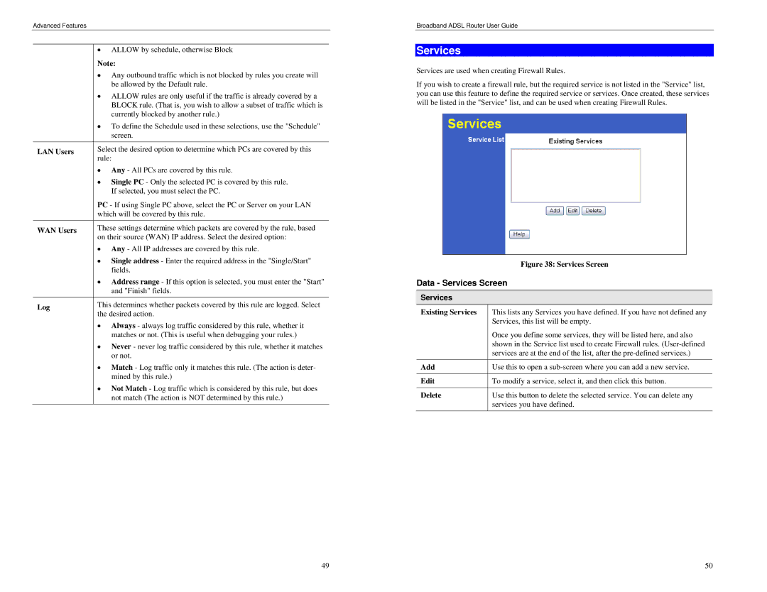 TRENDnet BRM504 manual Data Services Screen, Existing Services Add Edit Delete 