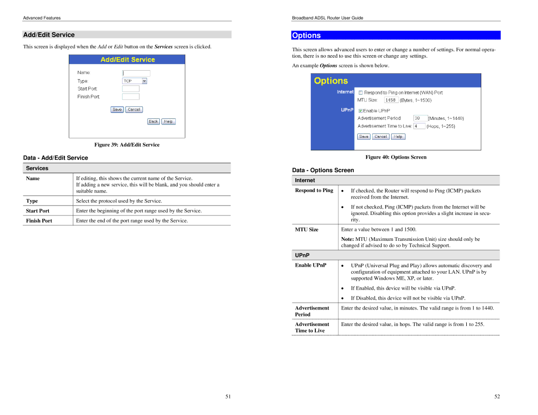 TRENDnet BRM504 manual Data Add/Edit Service, Data Options Screen, UPnP 