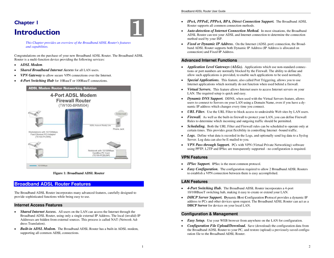 TRENDnet BRM504 manual Introduction, Broadband Adsl Router Features 