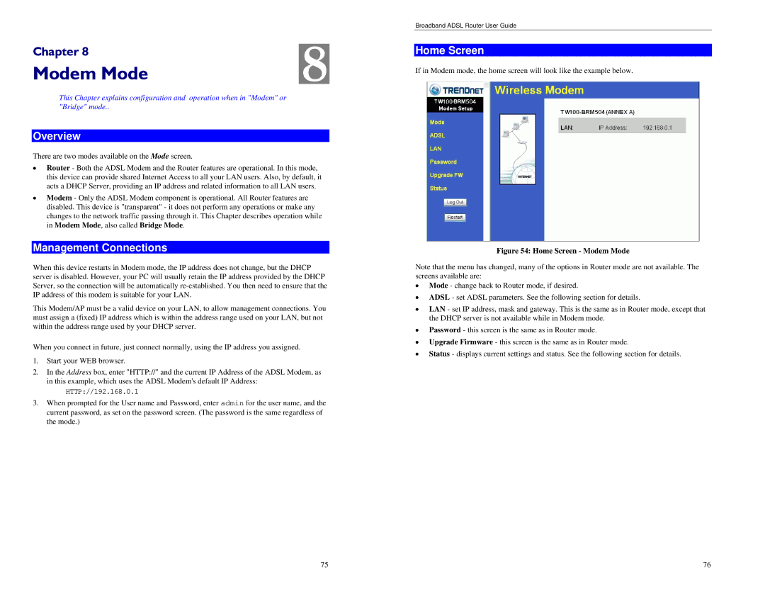 TRENDnet BRM504 manual Modem Mode, Management Connections, There are two modes available on the Mode screen 