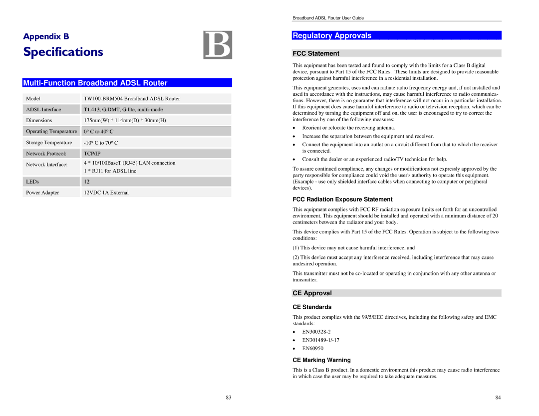 TRENDnet BRM504 manual Specifications, Regulatory Approvals, Multi-Function Broadband Adsl Router, CE Approval 