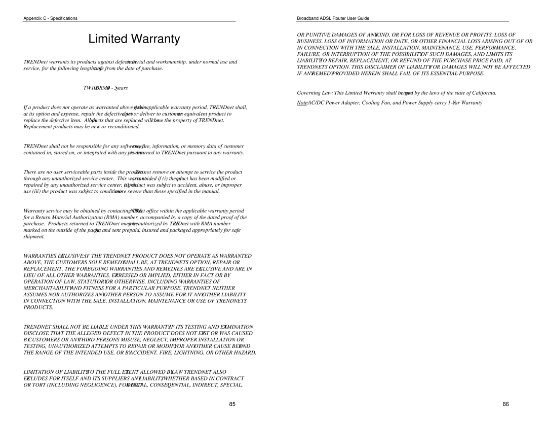 TRENDnet BRM504 manual Limited Warranty 