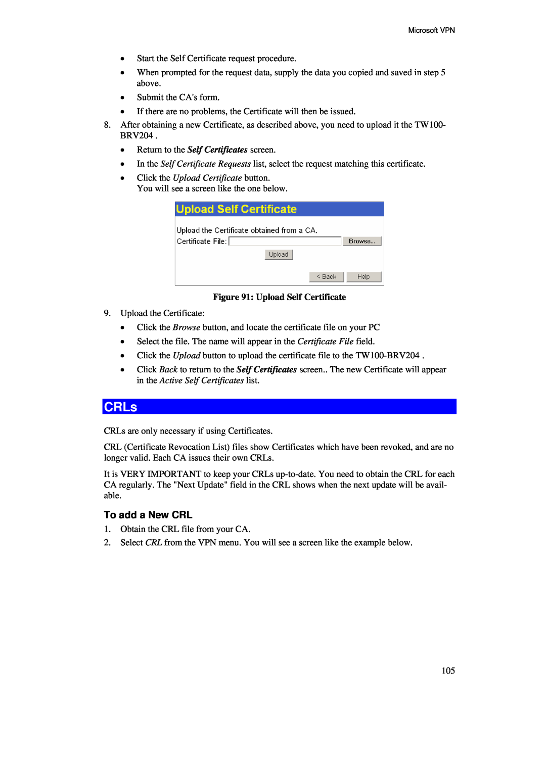 TRENDnet BRV204 manual CRLs, To add a New CRL, Upload Self Certificate 