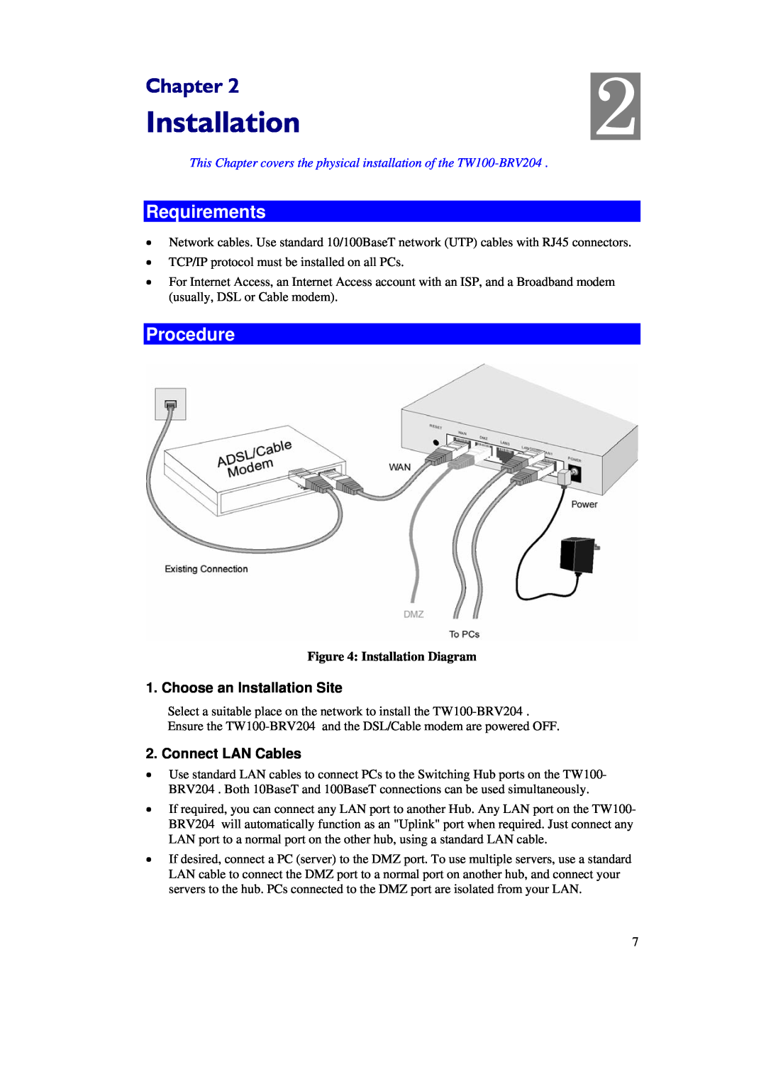 TRENDnet BRV204 manual Requirements, Procedure, Chapter, Installation Diagram 