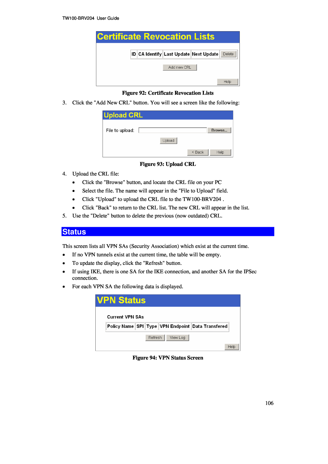 TRENDnet BRV204 manual Certificate Revocation Lists, Upload CRL, VPN Status Screen 