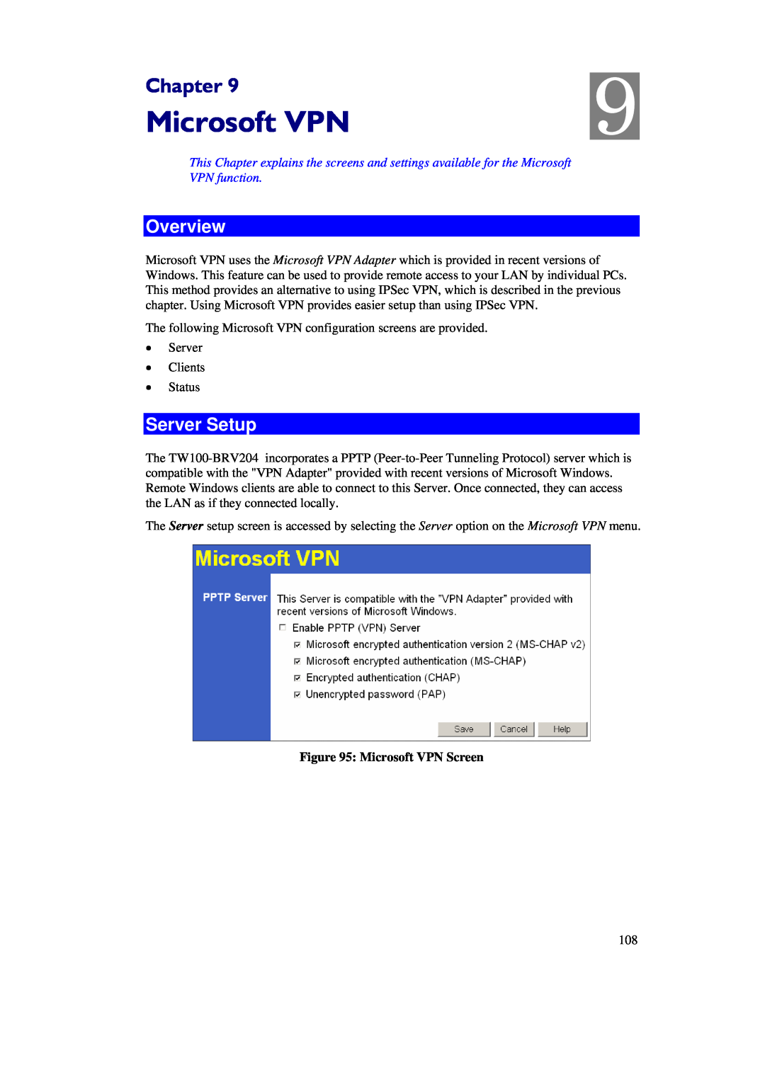 TRENDnet BRV204 manual Server Setup, Chapter, Overview, Microsoft VPN Screen 