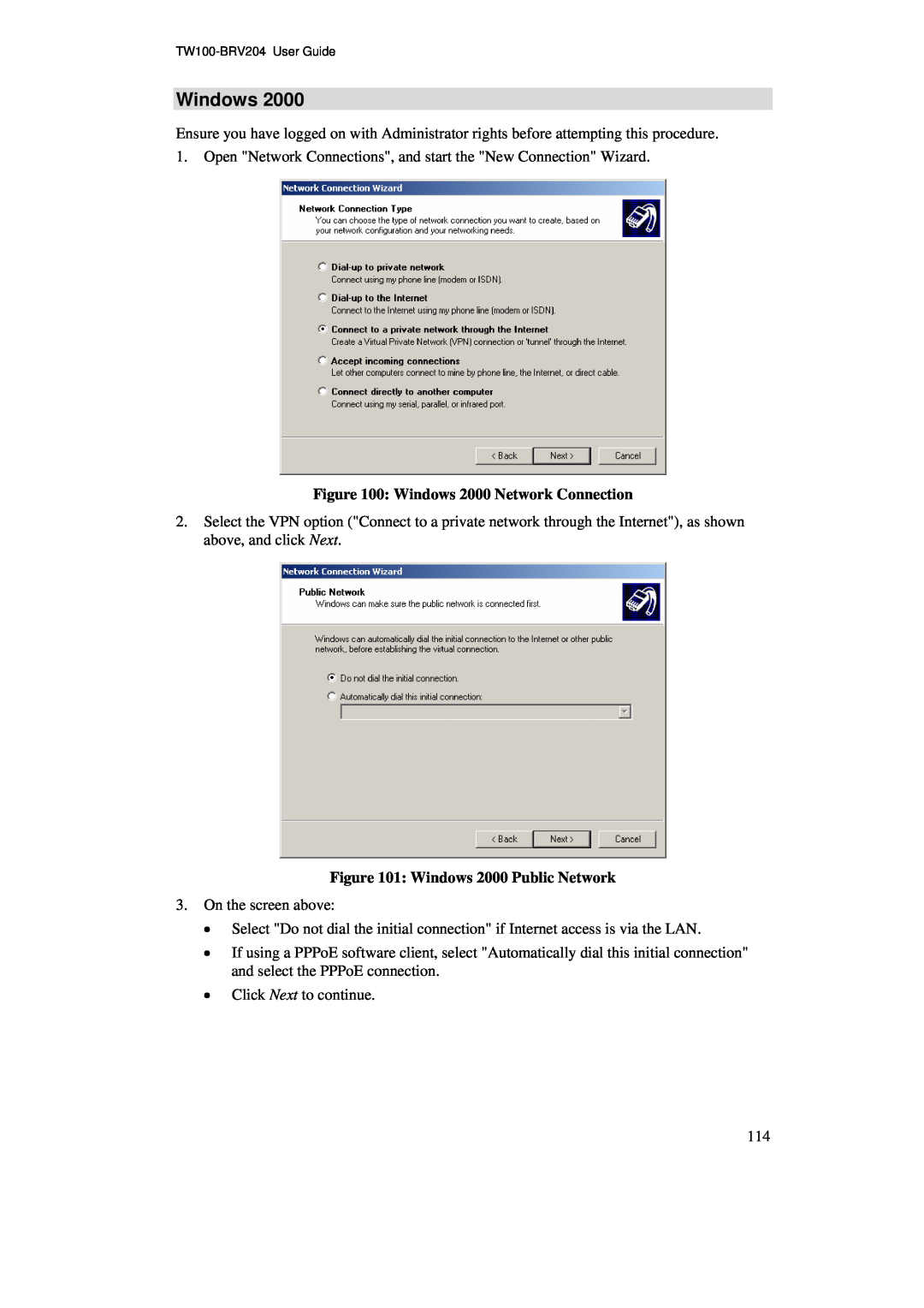 TRENDnet BRV204 manual Windows 2000 Network Connection, Windows 2000 Public Network 