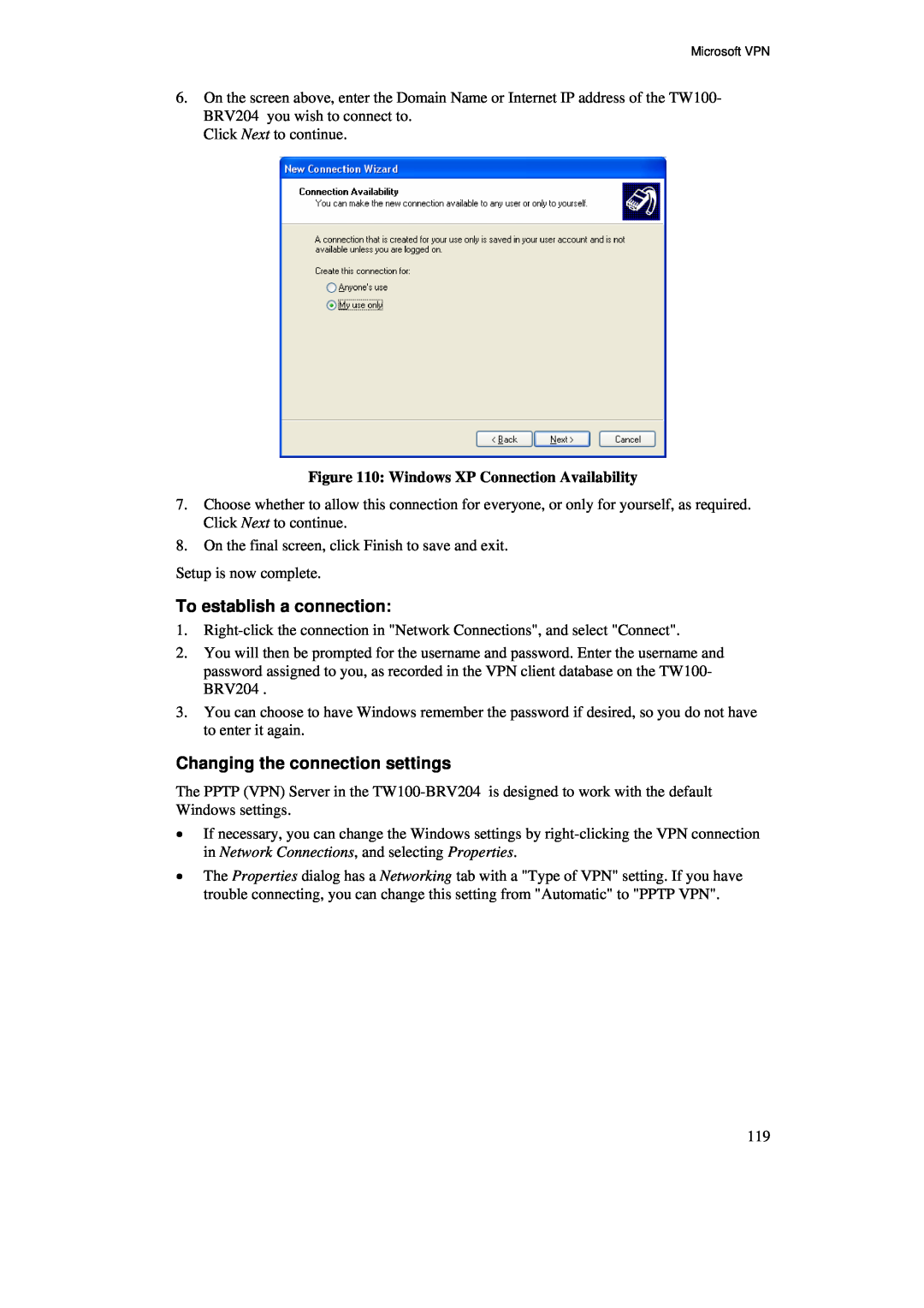TRENDnet BRV204 manual To establish a connection, Changing the connection settings, Windows XP Connection Availability 