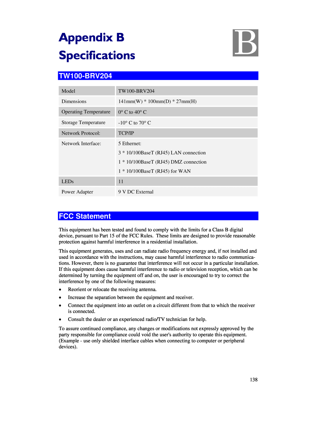 TRENDnet manual Appendix B Specifications, TW100-BRV204, FCC Statement 