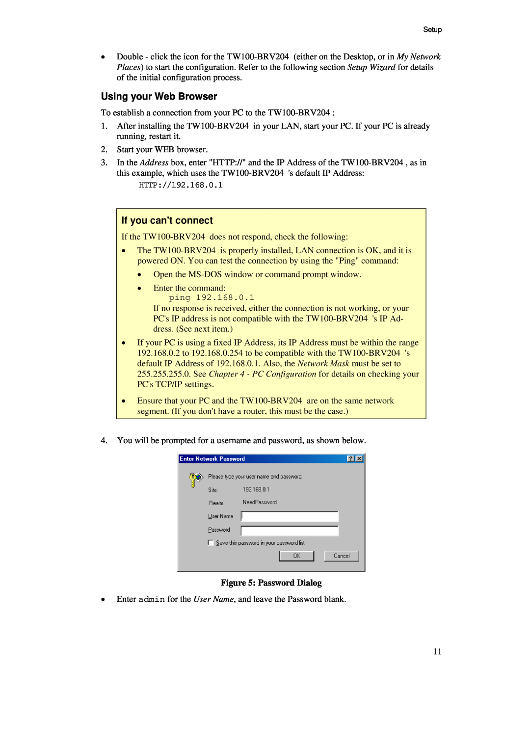 TRENDnet BRV204 manual Using your Web Browser, If you cant connect, Password Dialog 