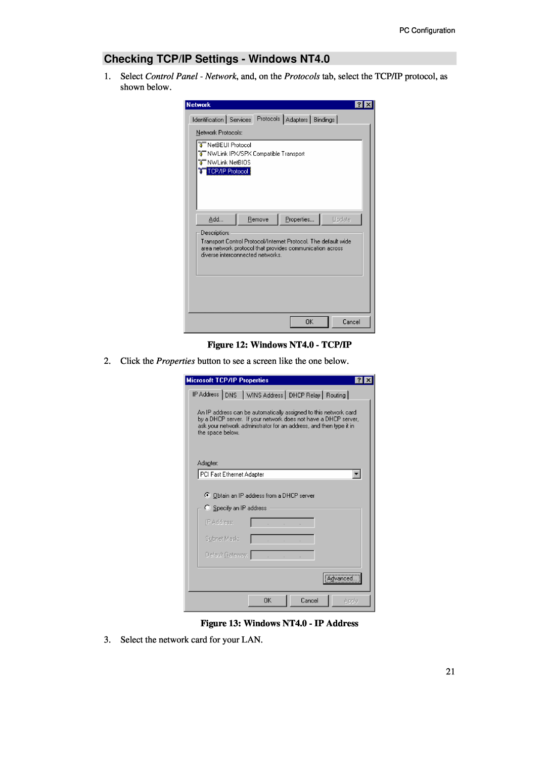 TRENDnet BRV204 manual Checking TCP/IP Settings - Windows NT4.0, Windows NT4.0 - TCP/IP, Windows NT4.0 - IP Address 