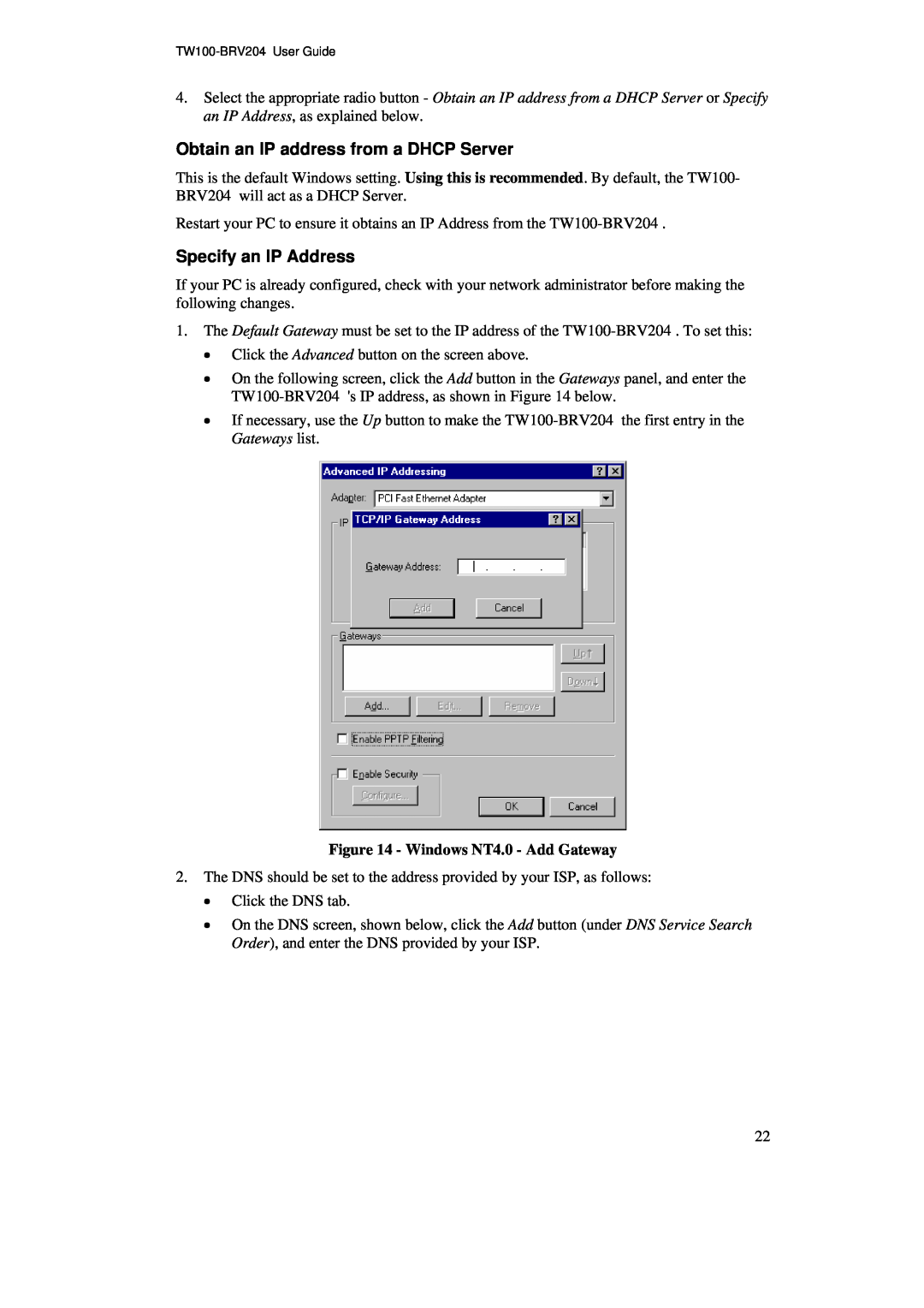 TRENDnet BRV204 manual Obtain an IP address from a DHCP Server, Specify an IP Address, Windows NT4.0 - Add Gateway 